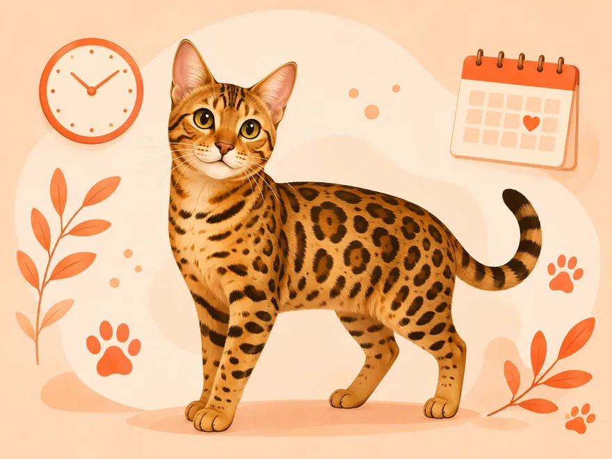 Flat illustration of a Bengal cat beside a wall clock, calendar, and paw prints