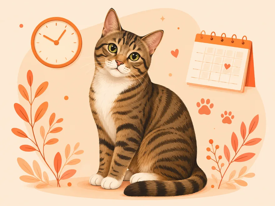 Flat illustration of a Domestic Shorthair cat beside a wall clock, calendar, and paw prints