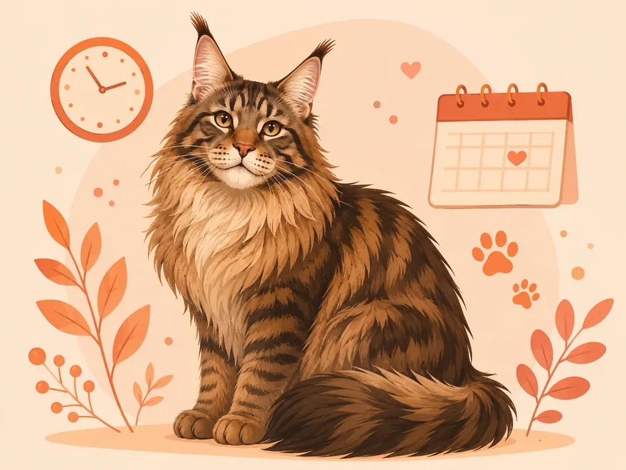 Flat illustration of a Maine Coon cat beside a wall clock, calendar, and paw prints