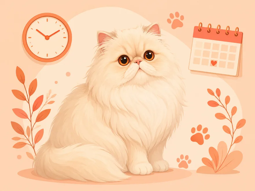 Flat illustration of a Persian cat beside a wall clock, calendar, and paw prints
