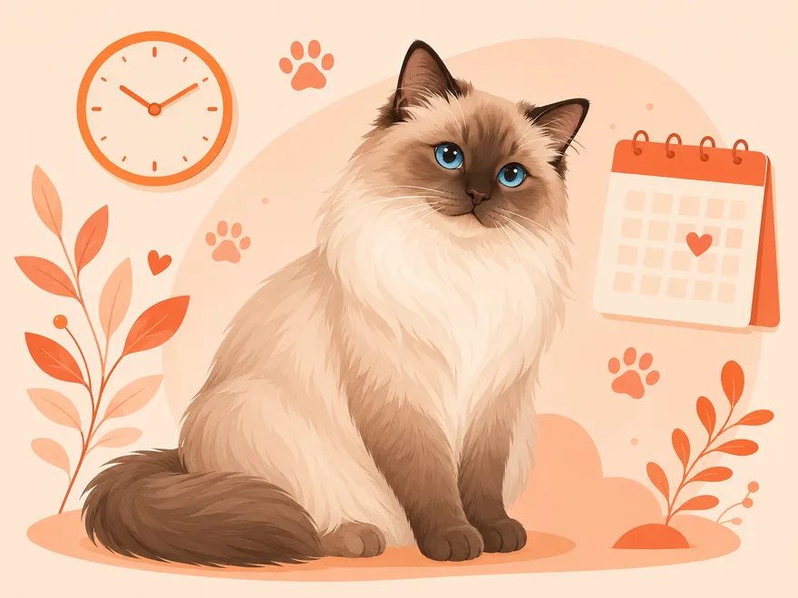 Flat illustration of a Ragdoll cat beside a wall clock, calendar, and paw prints