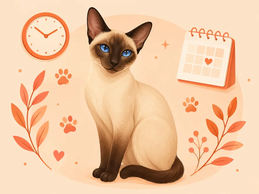 Flat illustration of a Siamese cat beside a wall clock, calendar, and paw prints