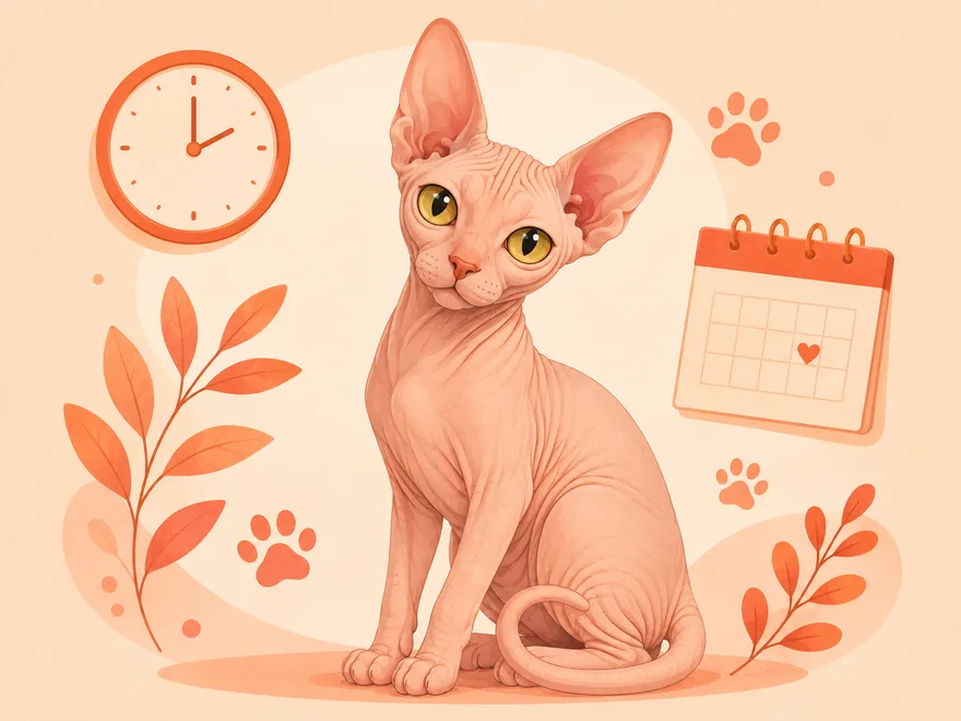 Flat illustration of a Sphynx cat beside a wall clock, calendar, and paw prints
